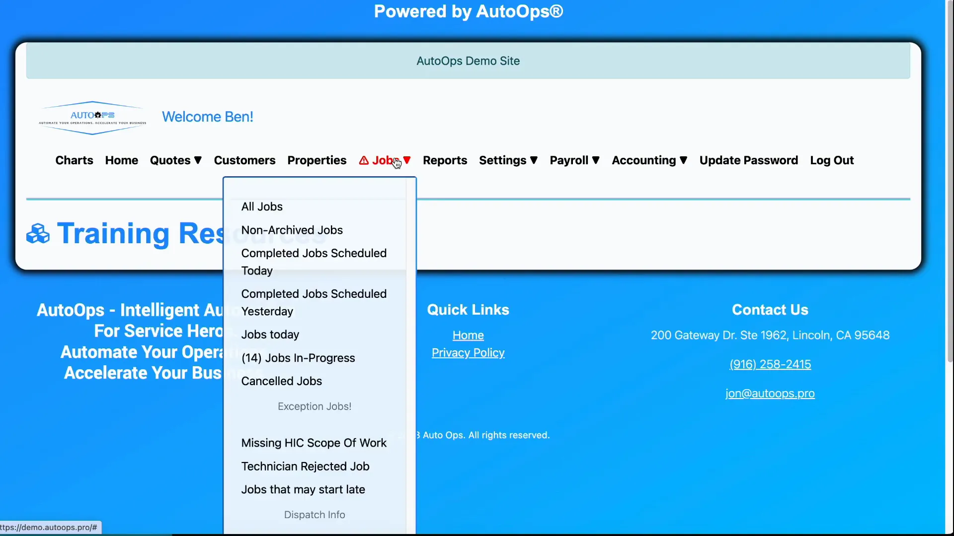 Jobs list with filters and 'Available actions' menu