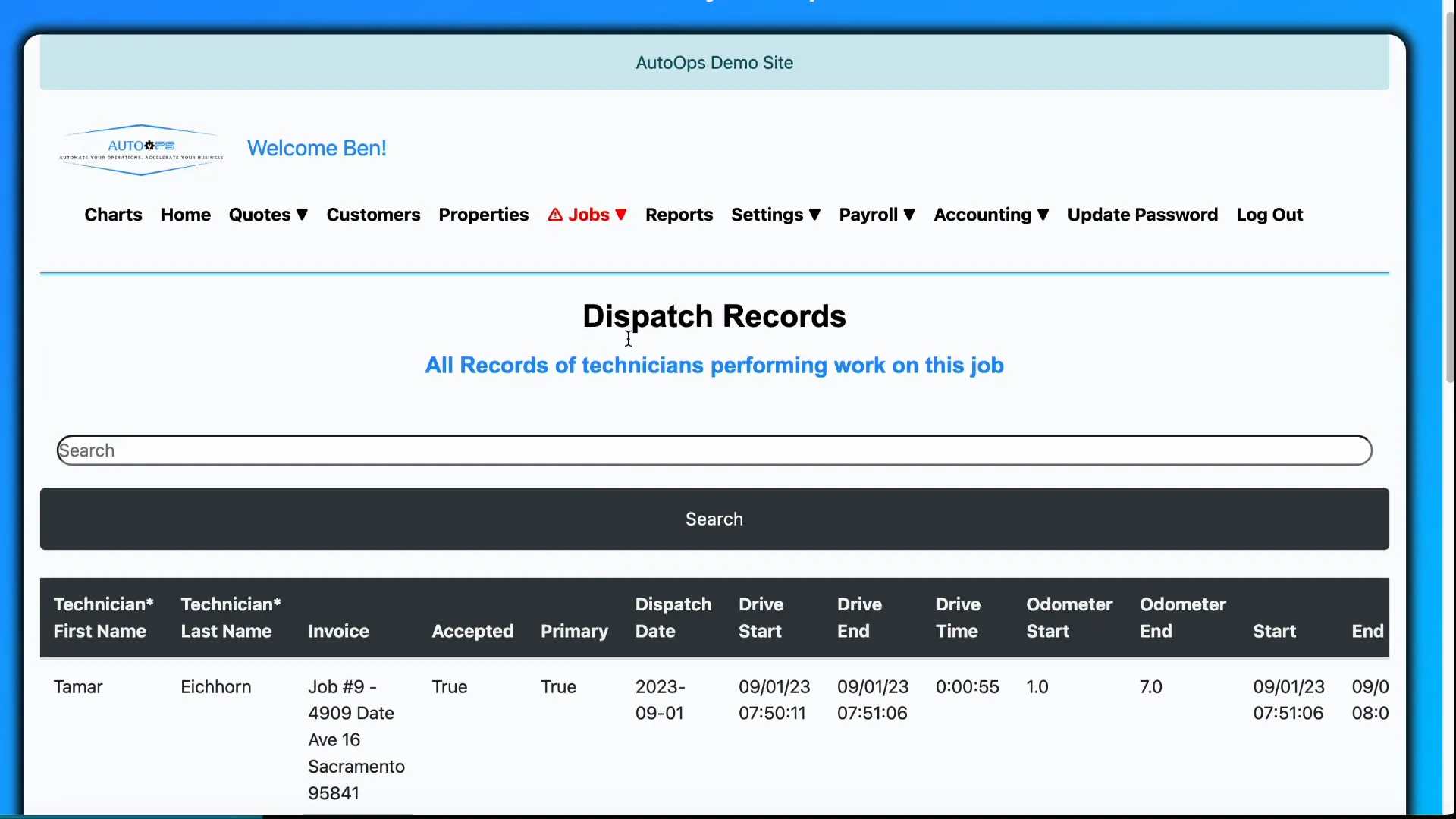 Technicians tab showing activity log, odometer and pay column