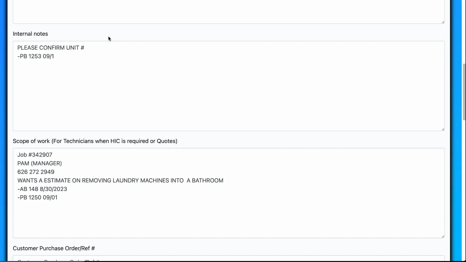 Internal notes and scope of work fields on the invoice