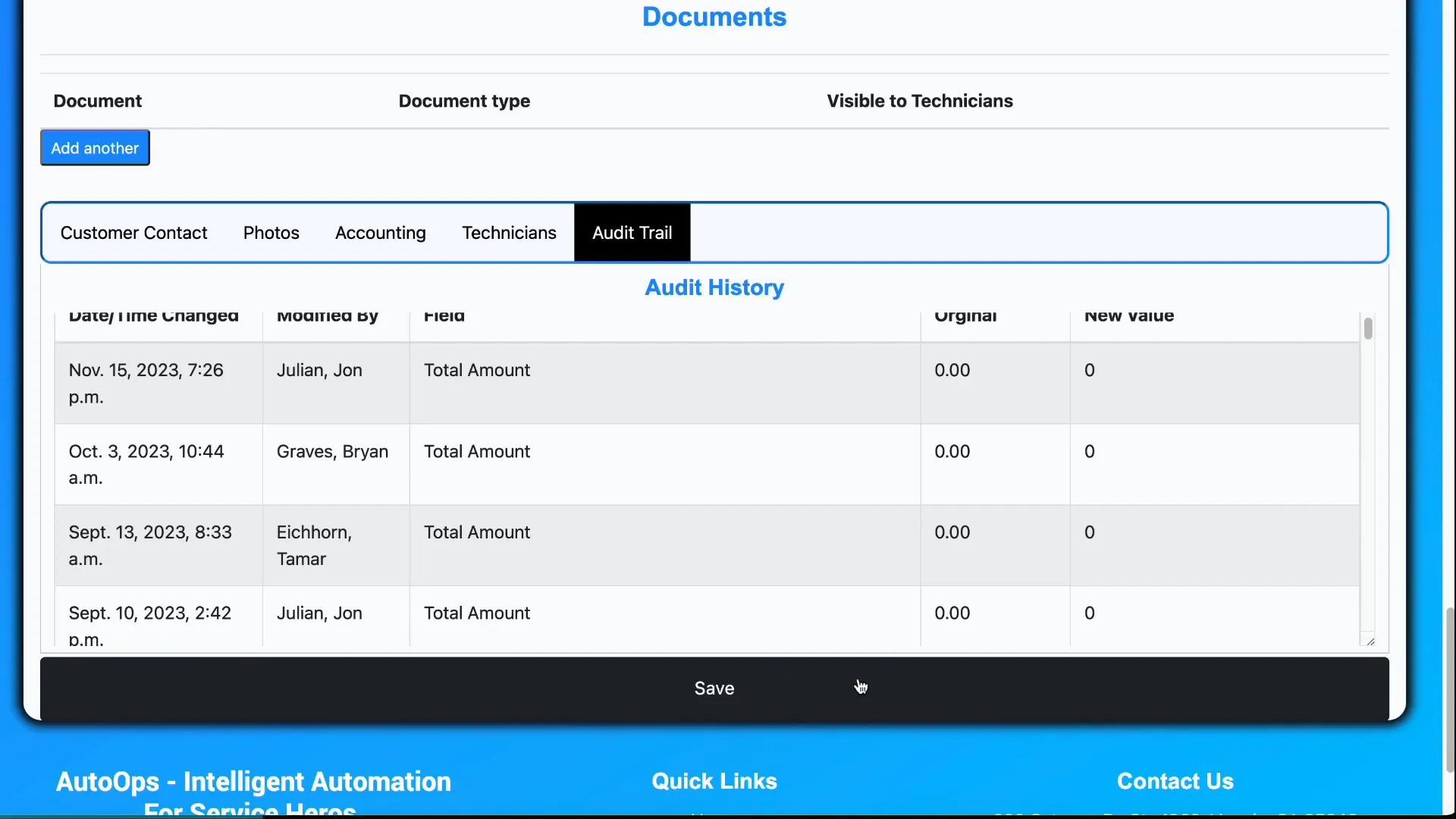 Audit trail showing history of edits and accesses