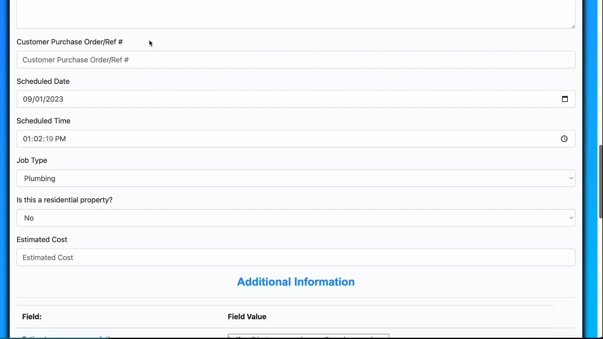 Customer purchase order / reference number field