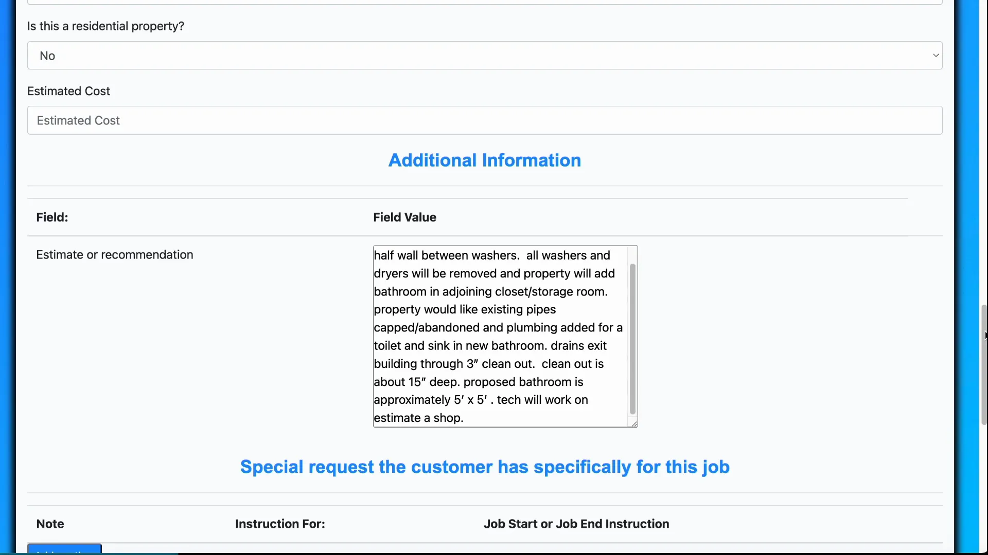 Job special instructions field and cascade explanation