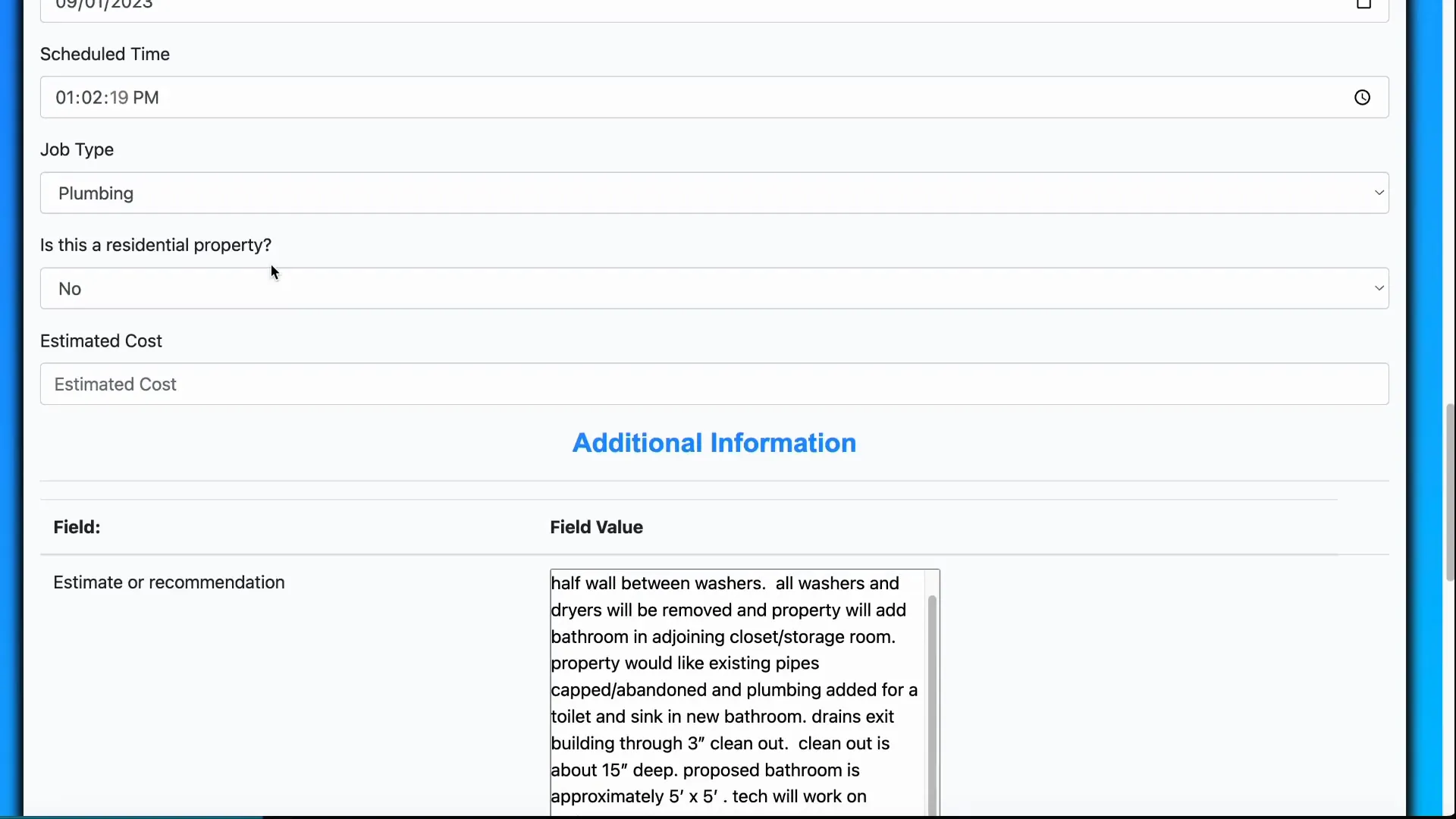Residential indicator and estimated cost field