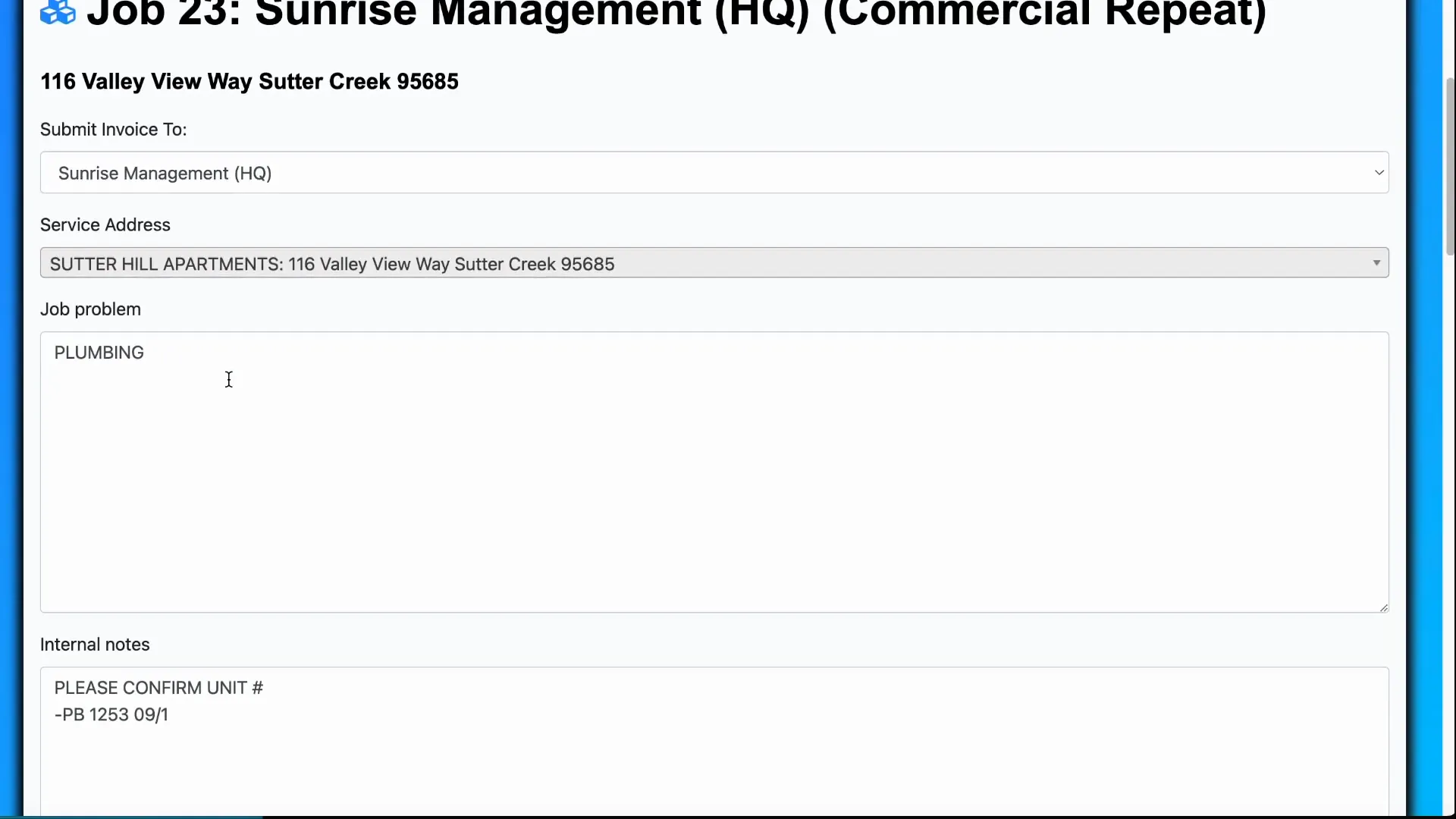 Job problem field and example booking hints