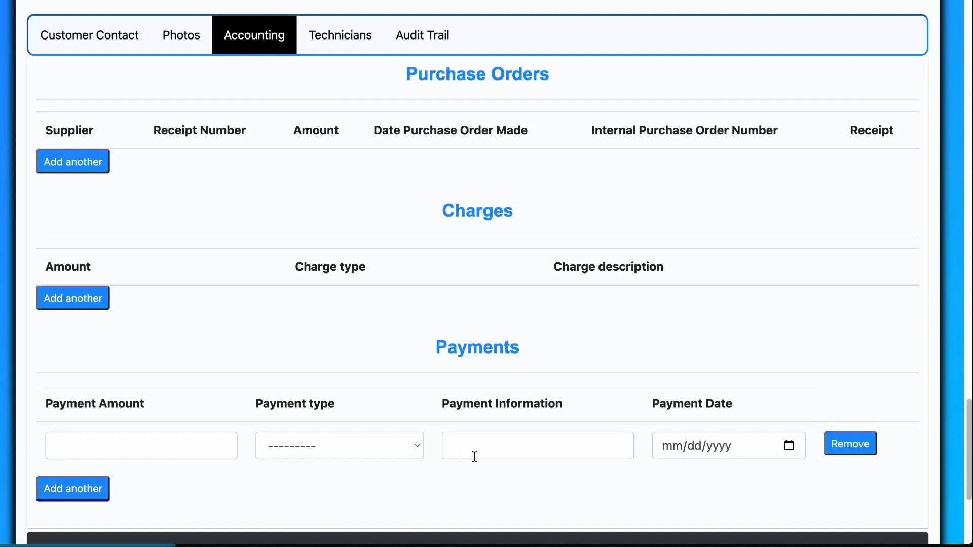 Accounting tab with purchase orders, charges, and payments sections