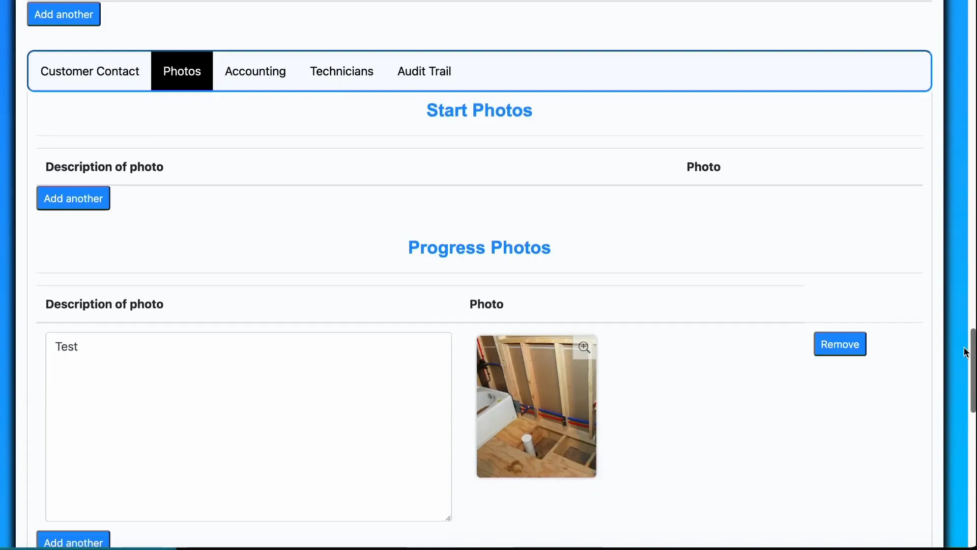 Photos tab showing start, progress, and finish photos