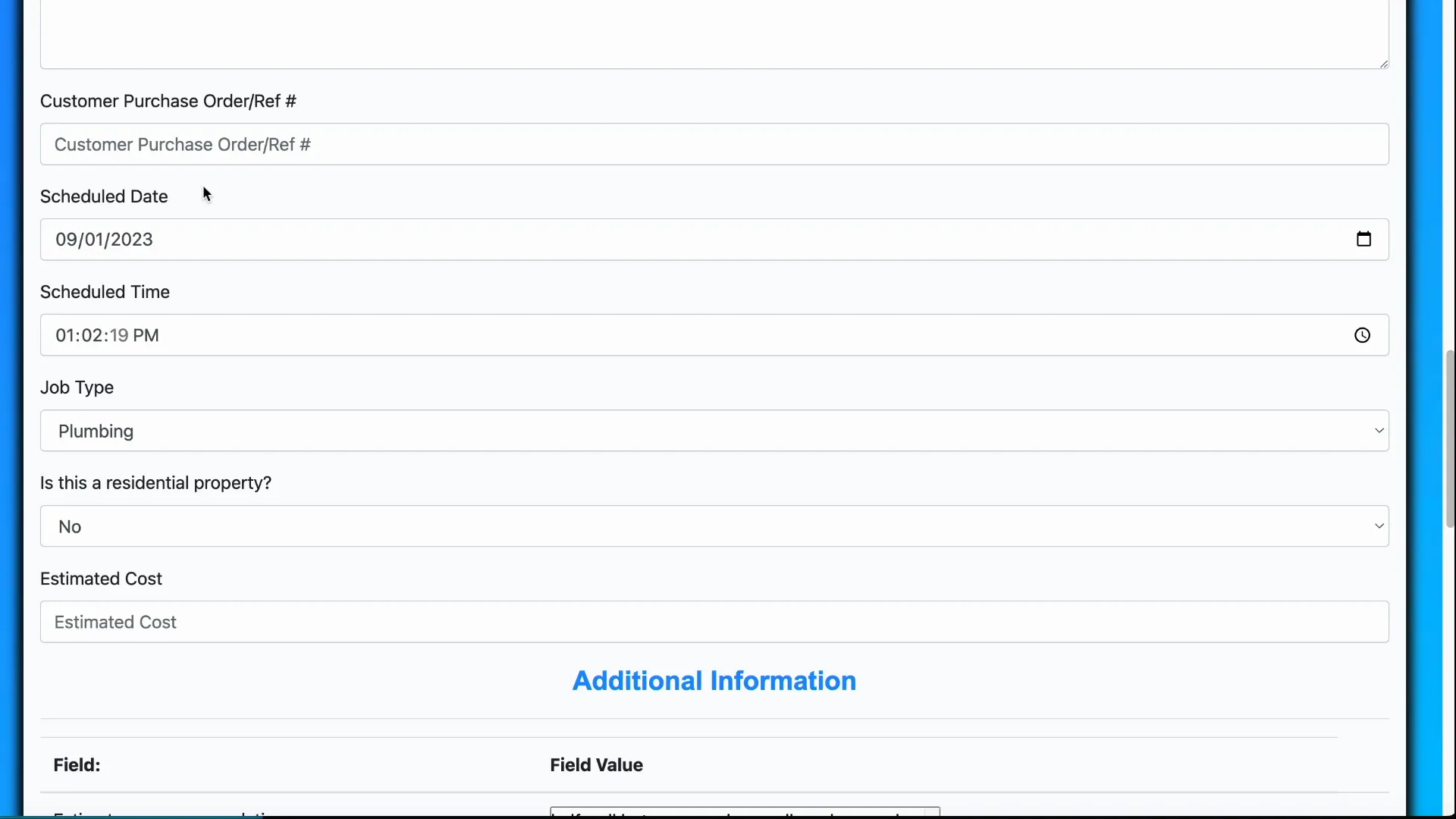 Scheduled date and time with estimated completion example