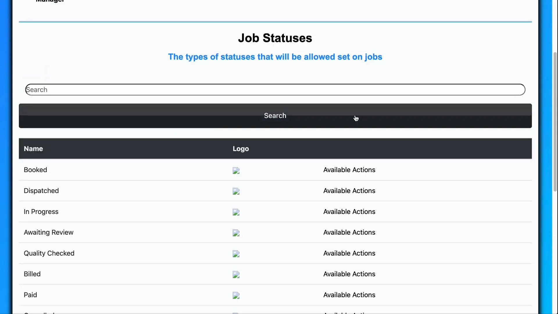 Job statuses list under settings