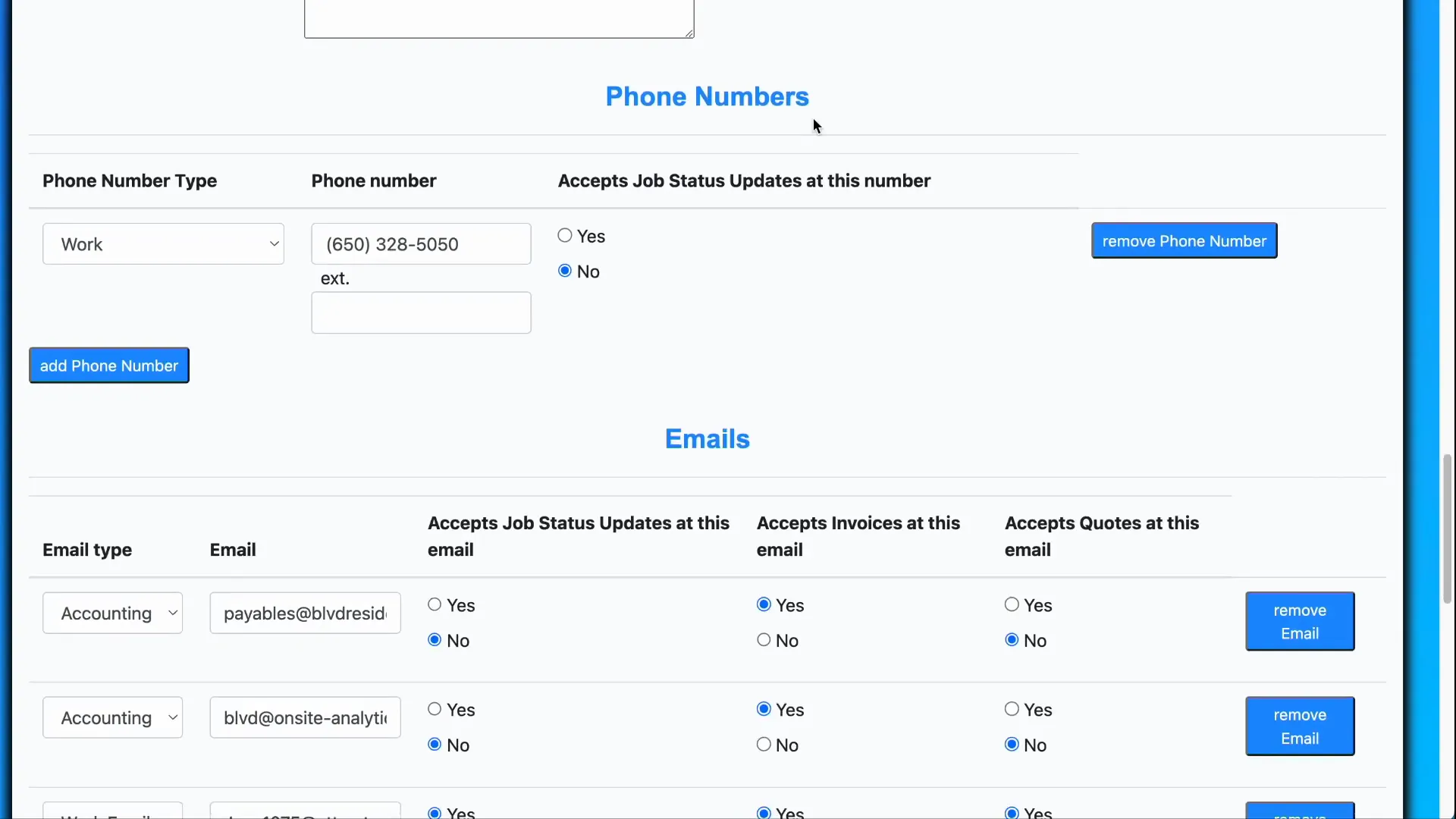 Phone numbers section in customer profile for job alerts