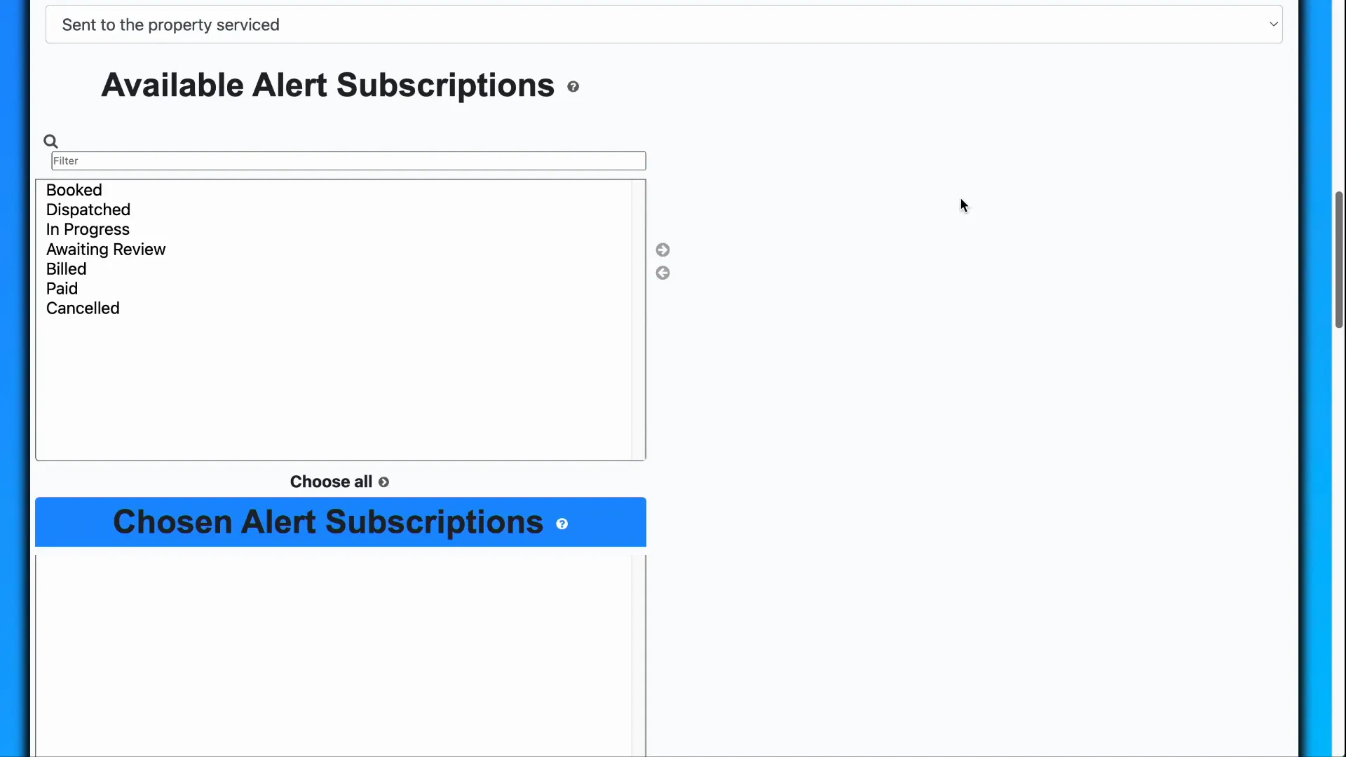 Available alert subscriptions section in customer update page