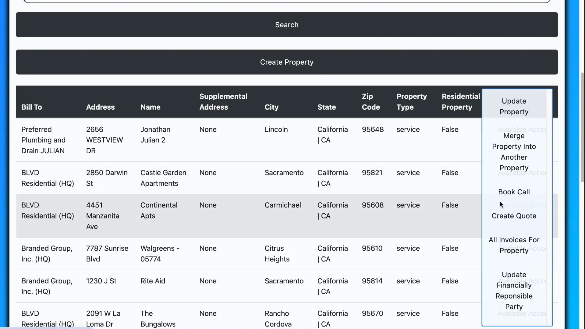 Properties list with Manzanita Avenue highlighted