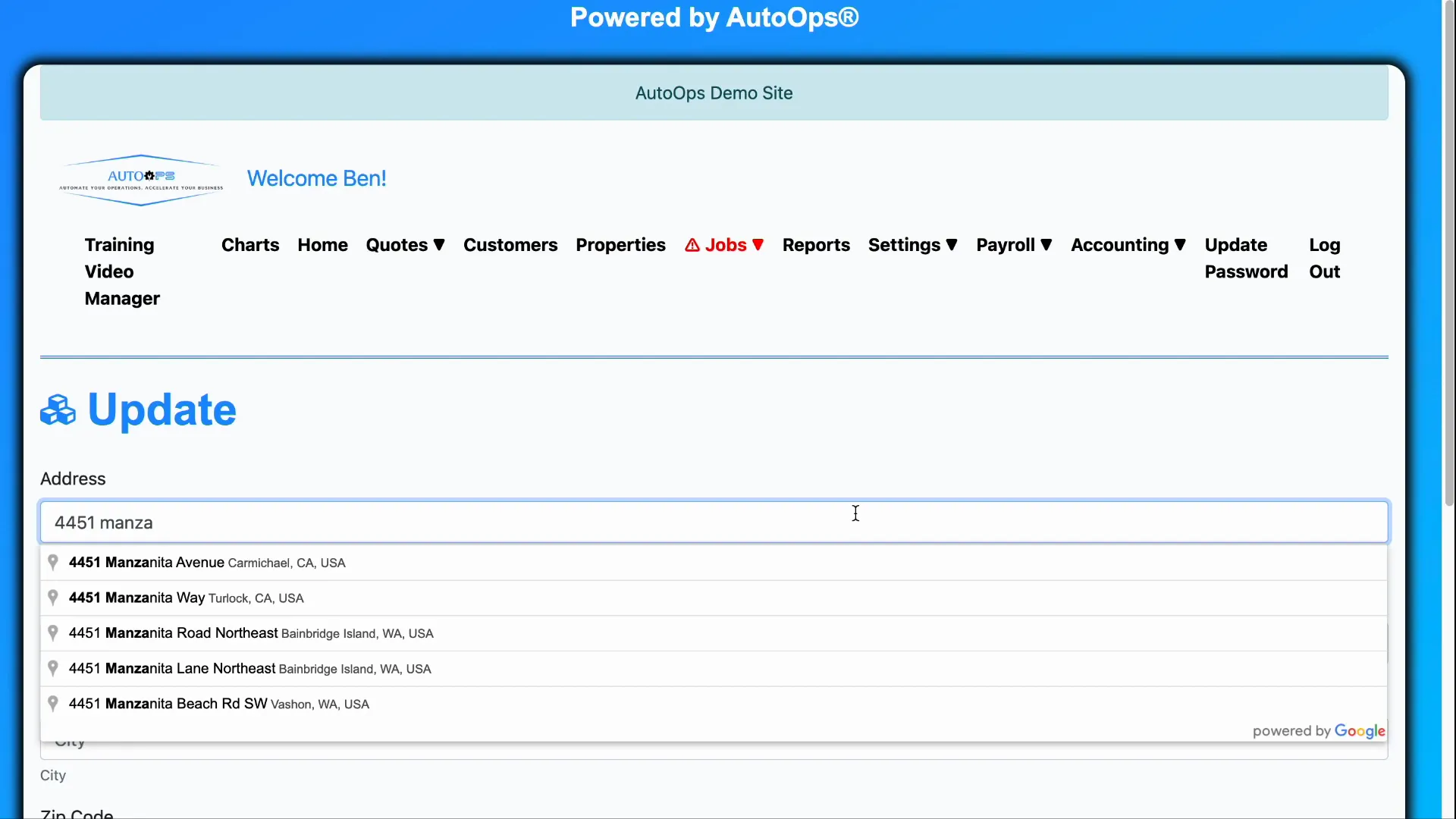 Create Job screen with address autocomplete suggestions