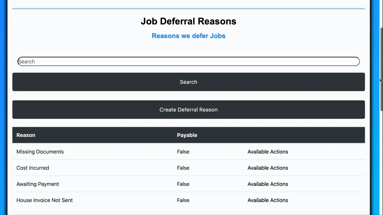 Job Deferral Reasons list showing rows like 'Missing Documents', 'Cost Incurred', 'Awaiting Payment' and a Payable column marked False.