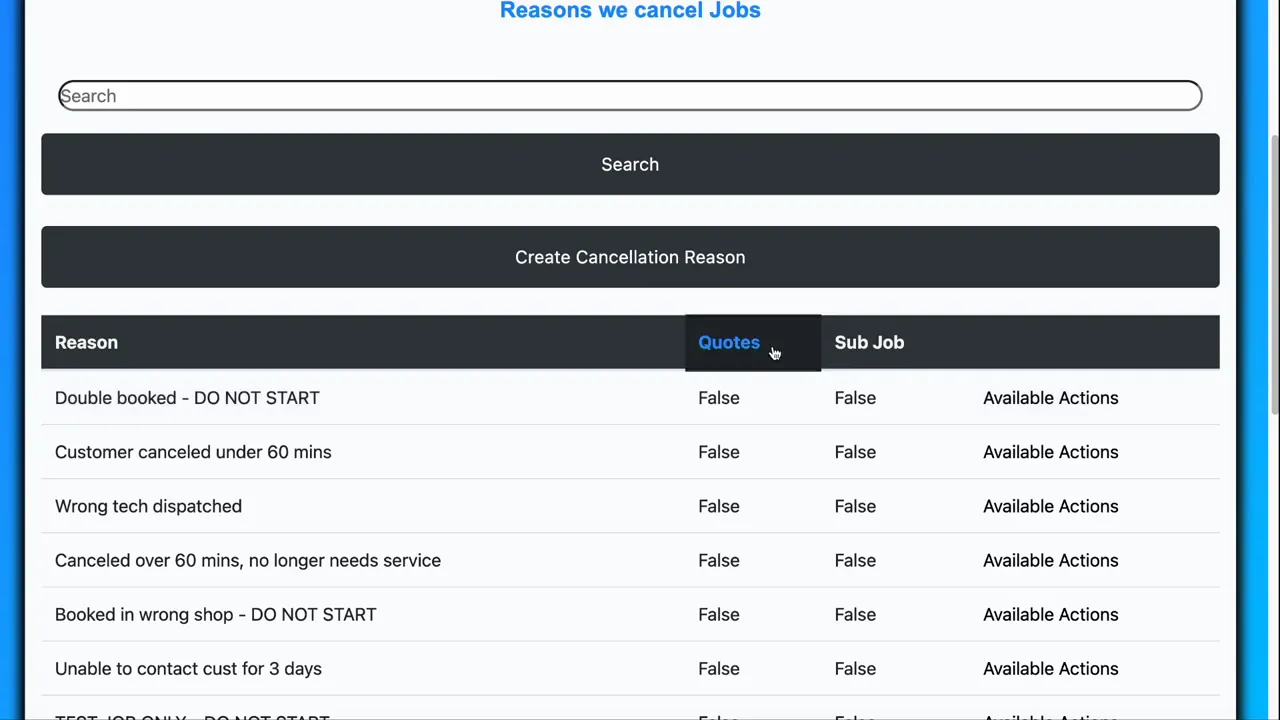 Settings screen titled 'Reasons we cancel Jobs' with the Quotes header highlighted and a table of cancellation reasons and flags.