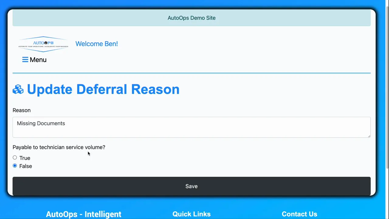 Update Deferral Reason screen showing the 'Missing Documents' reason text box, Payable radio buttons with False selected, and a Save button
