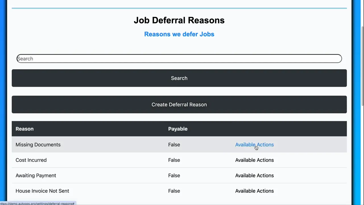 Job Deferral Reasons table showing Missing Documents with Payable set to False and Available Actions