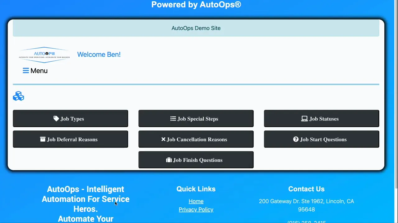 AutoOps settings dashboard with menu buttons including Job Deferral Reasons and Job Cancellation Reasons