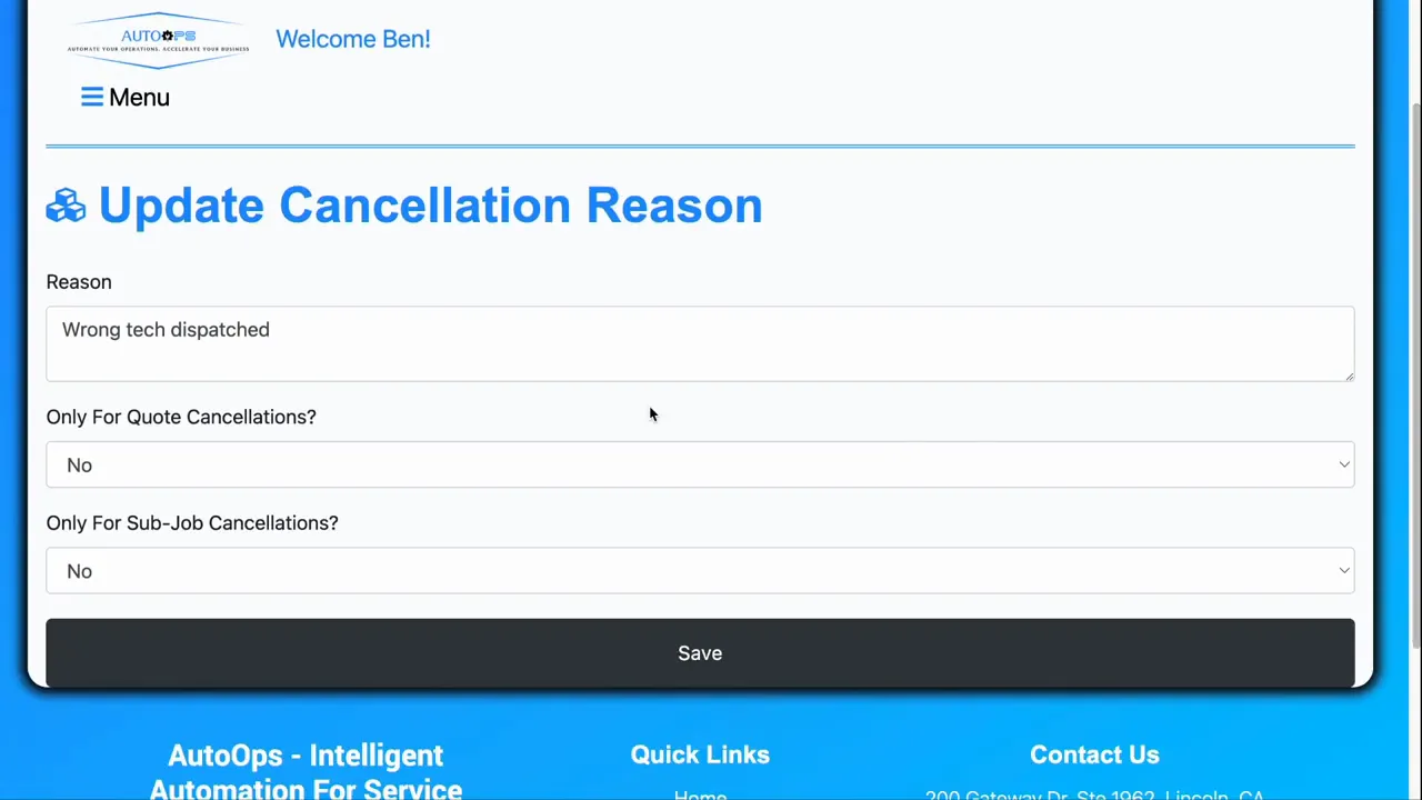 Update Cancellation Reason form with editable Reason text box and 'Only For Quote Cancellations?' and 'Only For Sub-Job Cancellations?' dropdowns and Save button