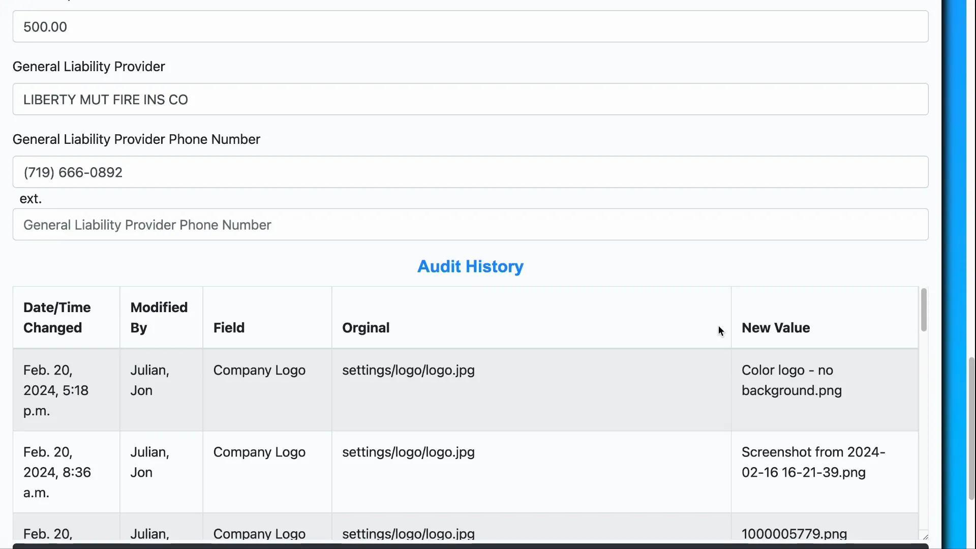 Save button for application company settings