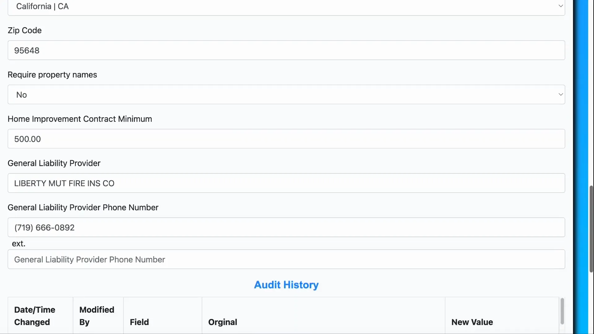 Additional company contact and liability provider information