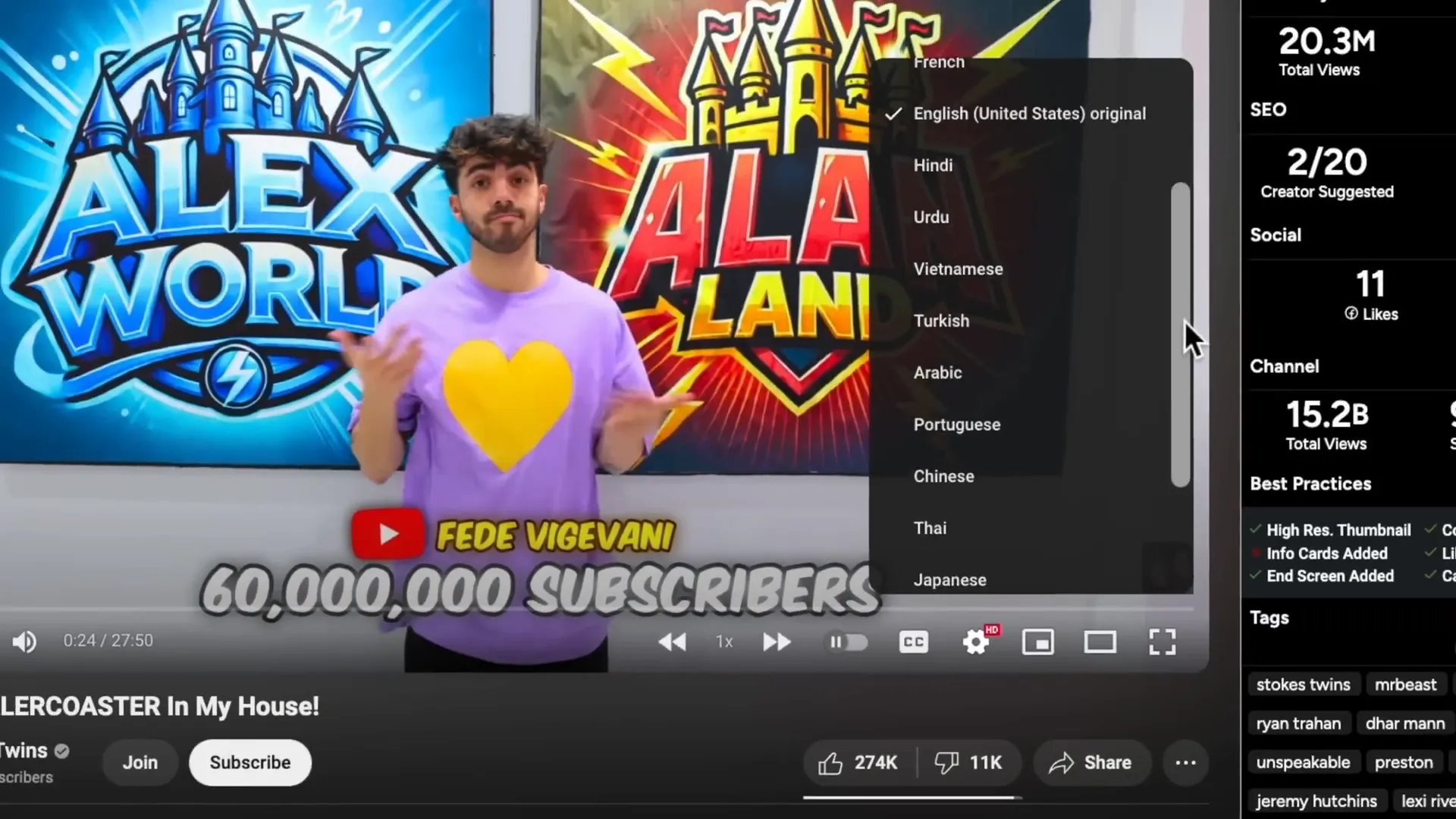 YouTube translation: a screenshot from a YouTube video showing different language options the viewer can choose to have the video dubbed into. The list includes: Hindi, Urdu, Vietnamese, Turkish, Arabic, Portuguese, Chinese, Thai, and Japanese with more options (not visible in the screenshot) below