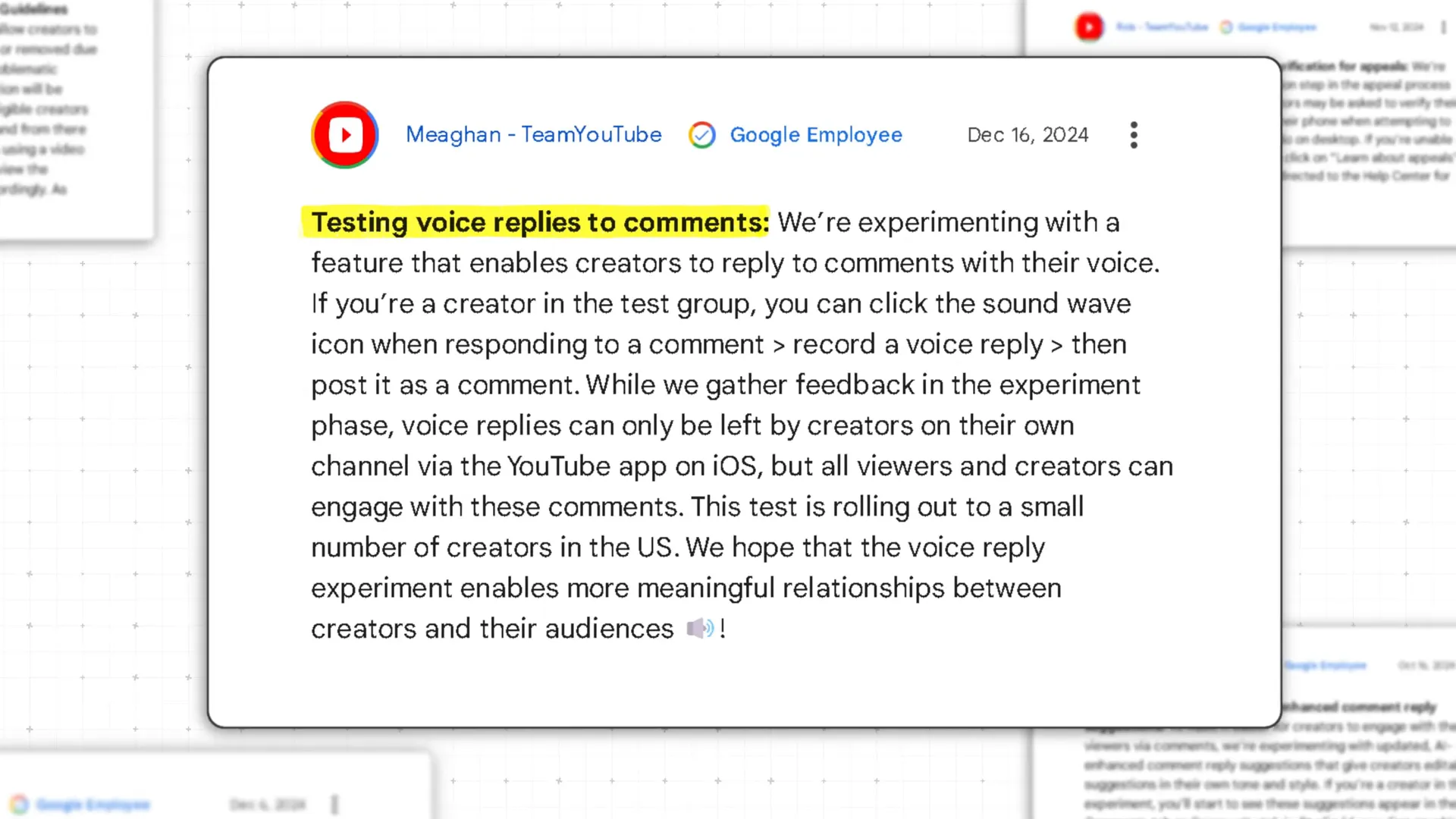 YouTube voice reply feature announcement