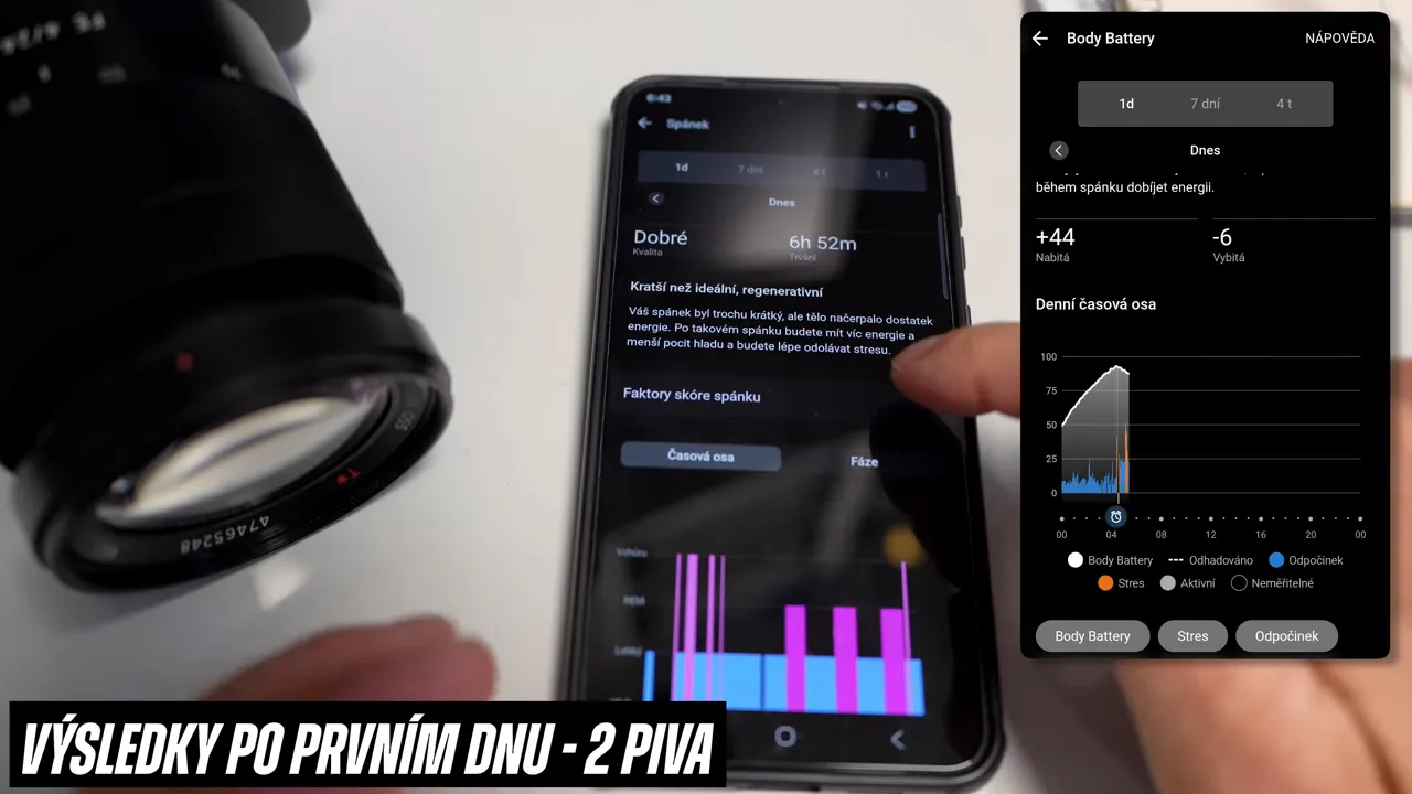 Smartphone sleep app with sleep stage chart and Body Battery overlay showing lowered recovery