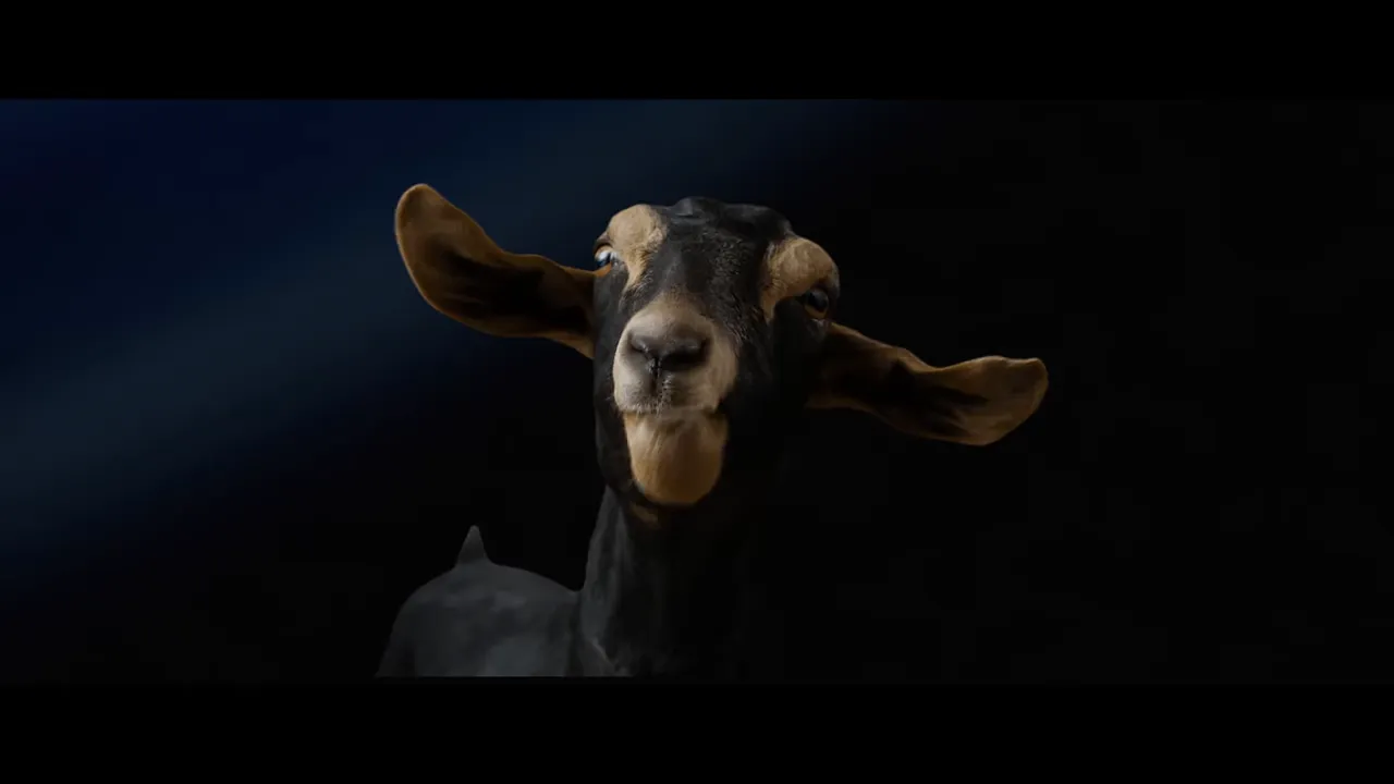 Close-up of Will the goat from the GOAT teaser with dark background
