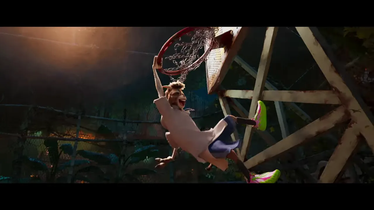 Animated player dunking through a hoop in a high-energy roarball scene from the GOAT teaser.
