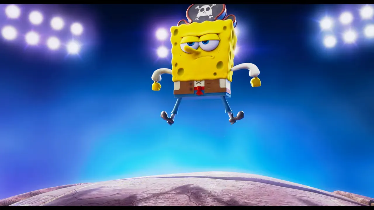 SpongeBob mid-jump wearing a pirate hat with bright stage spotlights and a blue cinematic background.