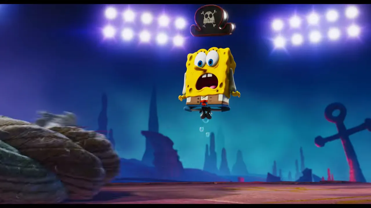 SpongeBob suspended mid-air under bright stadium spotlights with a surprised expression