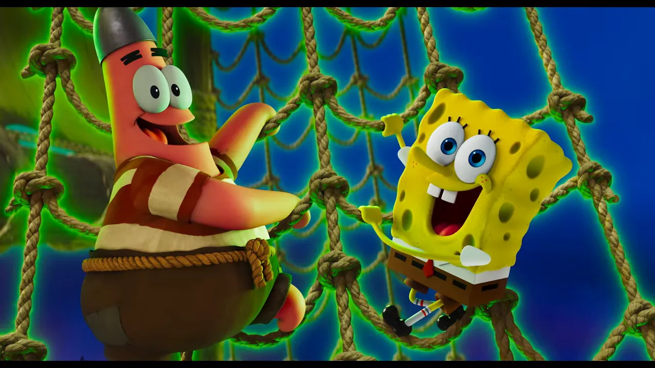 SpongeBob and Patrick swinging on a rope net in a bright animated movie still