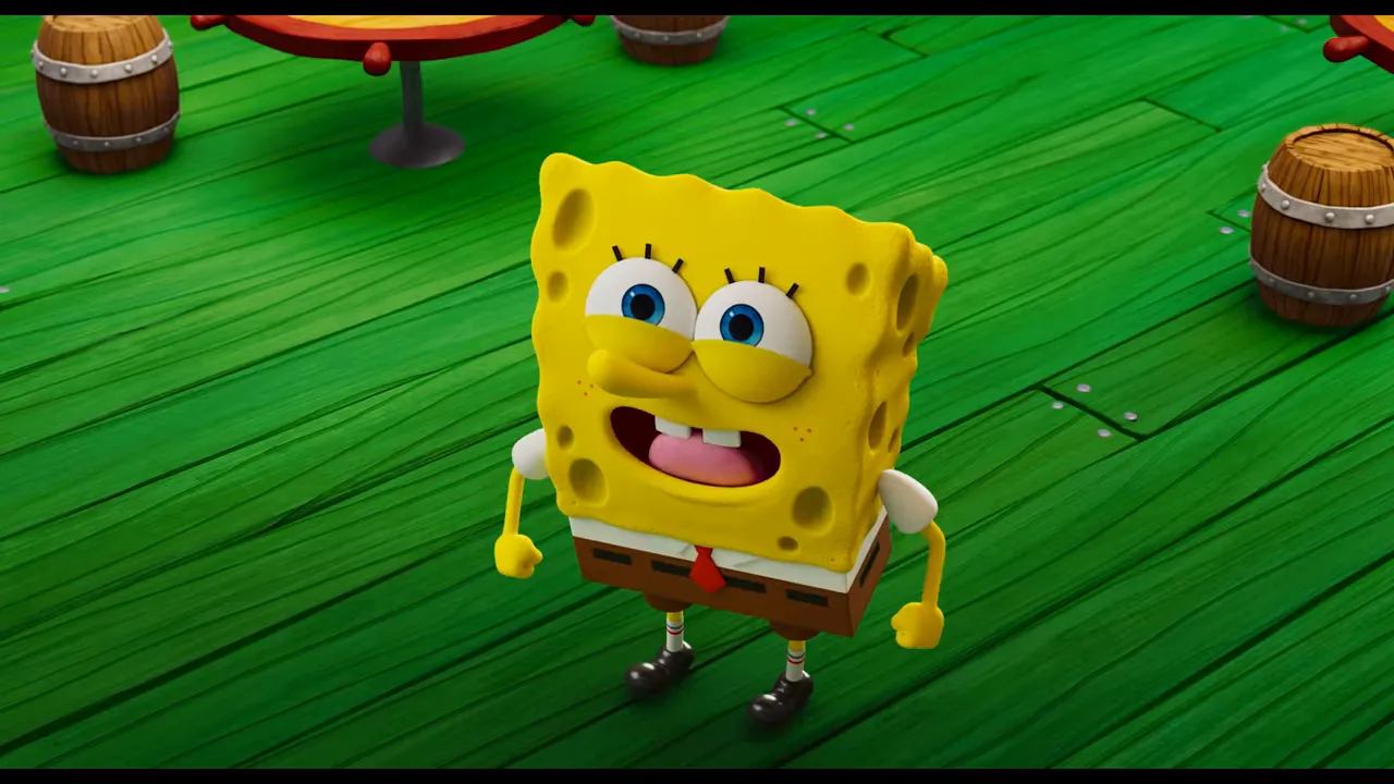 SpongeBob standing on a green wooden deck looking up with a wide smile and bright eyes