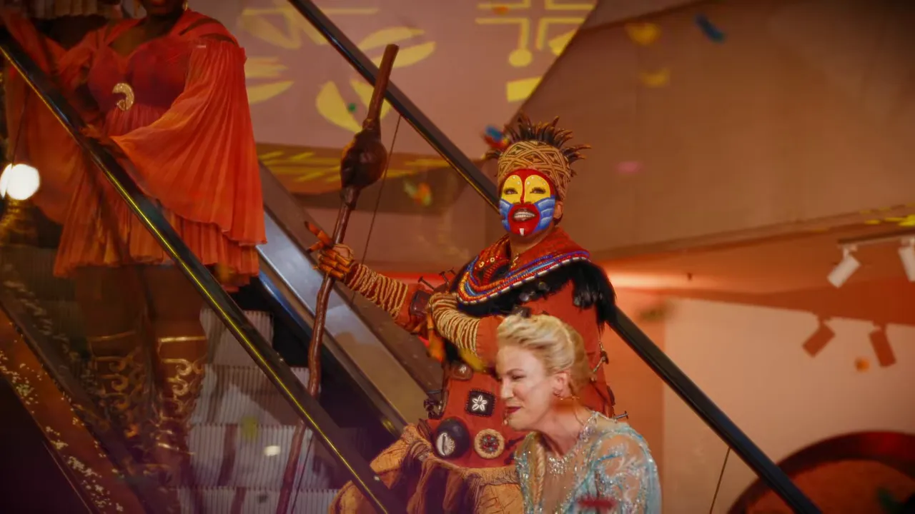 Costumed performer in a colorful mask and costume descending an escalator during the Selfridges Disney pop-up with confetti in the air.