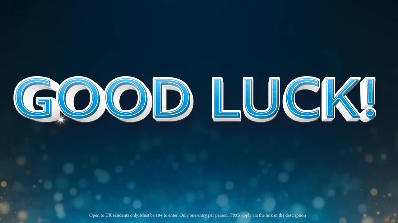 Large blue title card reading 'GOOD LUCK!' on a sparkling bokeh background with small contest terms along the bottom.