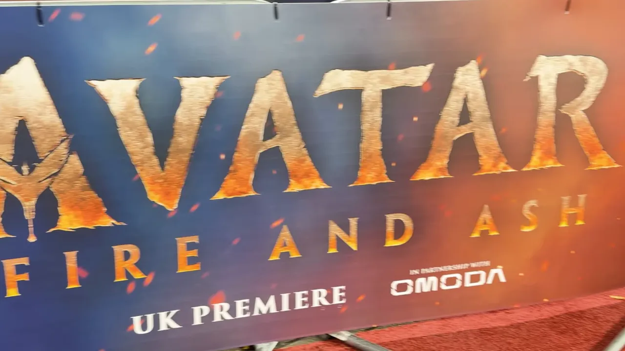 Avatar: Fire and Ash UK Premiere banner on the red carpet