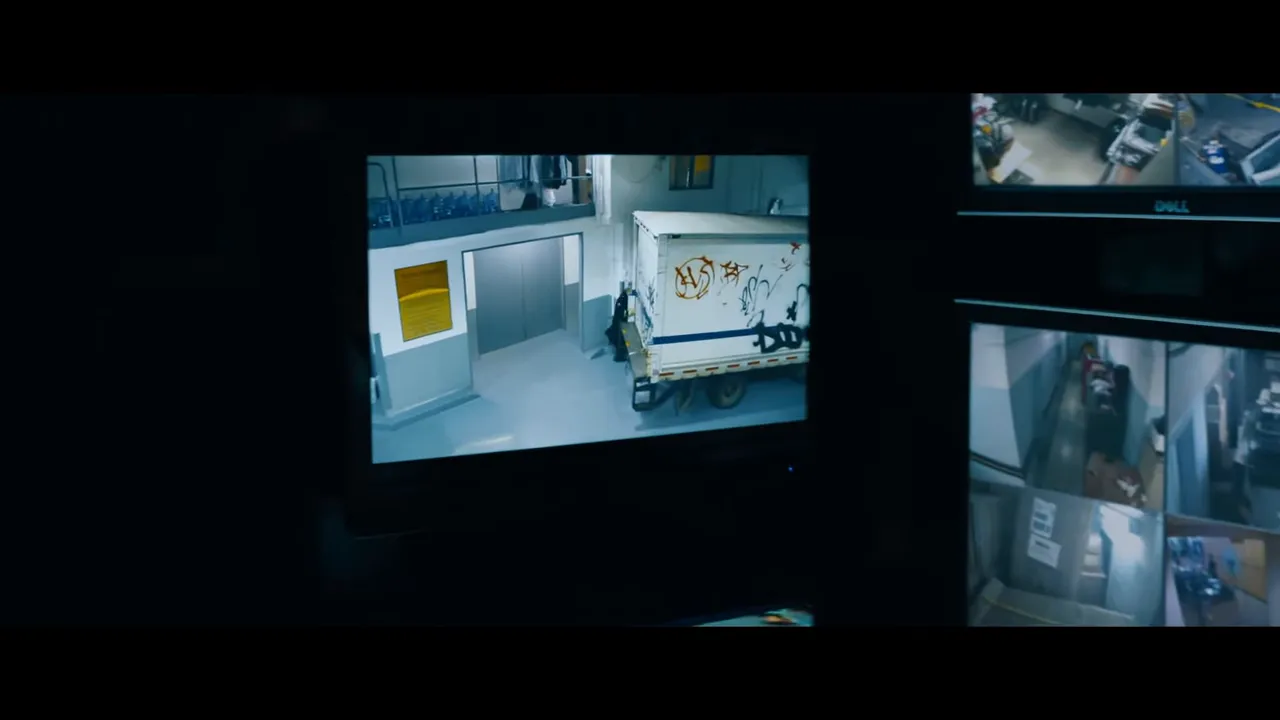 Security monitor view of a delivery truck backed up to a service elevator in a garage.