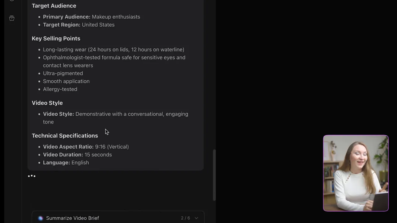 AI agent interface showing 'Target Audience', 'Key Selling Points' and 'Technical Specifications' including video duration and language, with a speaker thumbnail in the corner.