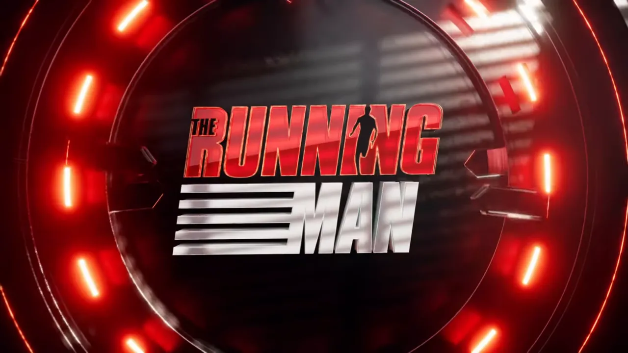 The Running Man (2025) title logo on a red neon circular stage backdrop