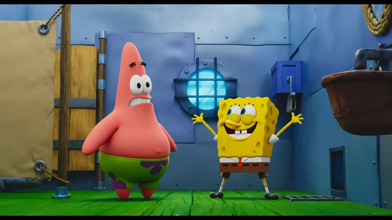 SpongeBob excited with arms raised and Patrick looking surprised in a blue room with a glowing porthole