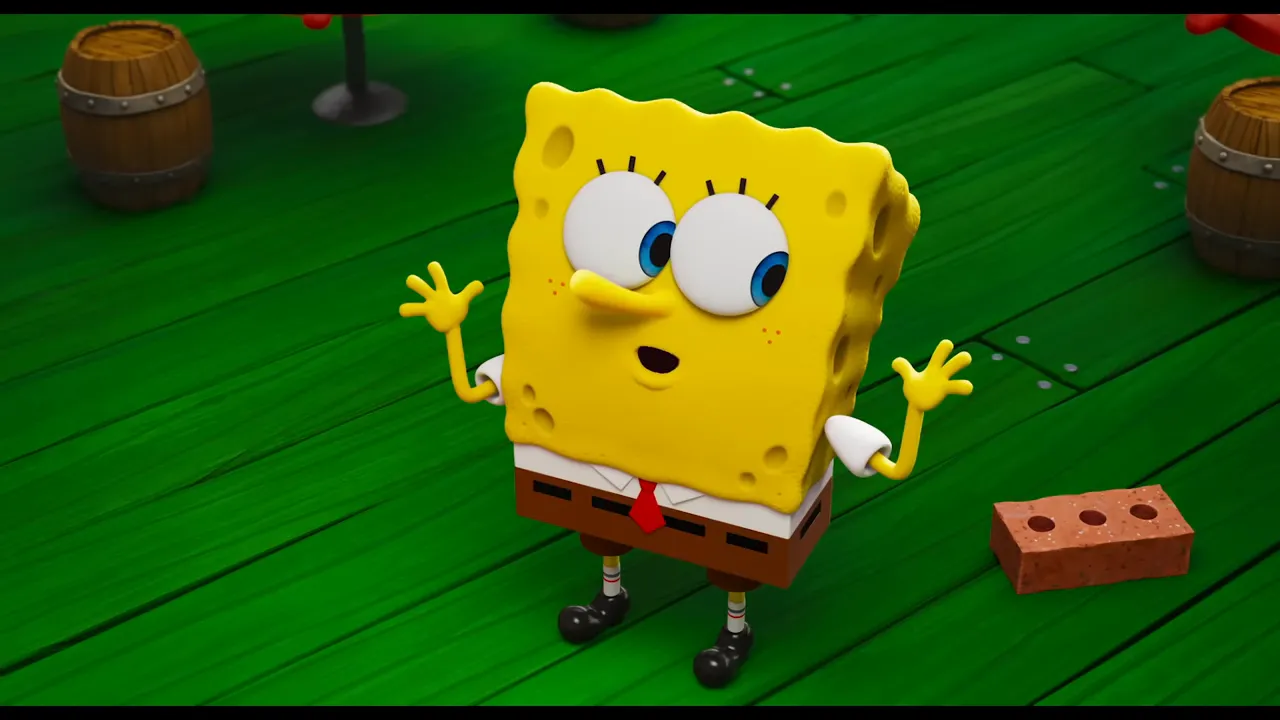 SpongeBob standing on a green wooden floor next to a red brick (lucky brick).