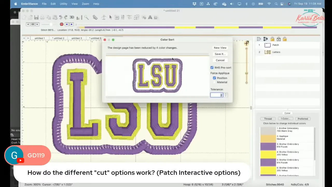 how to make embroidery patches. each step Color sort utility in Embrilliance to control stitch order