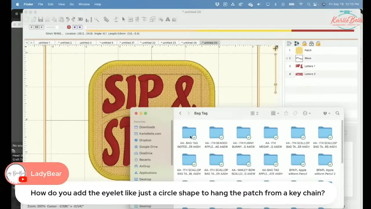 Adding an eyelet to a patch by copying an eyelet object from a bag tag design
