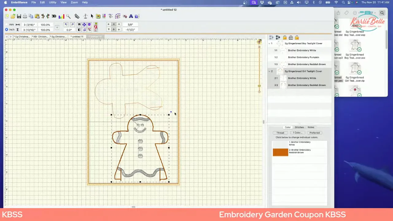 Embrilliance workspace showing two gingerbread tea‑light cover designs arranged inside a hoop with the color list visible to make machine embroidery christmas ornaments”