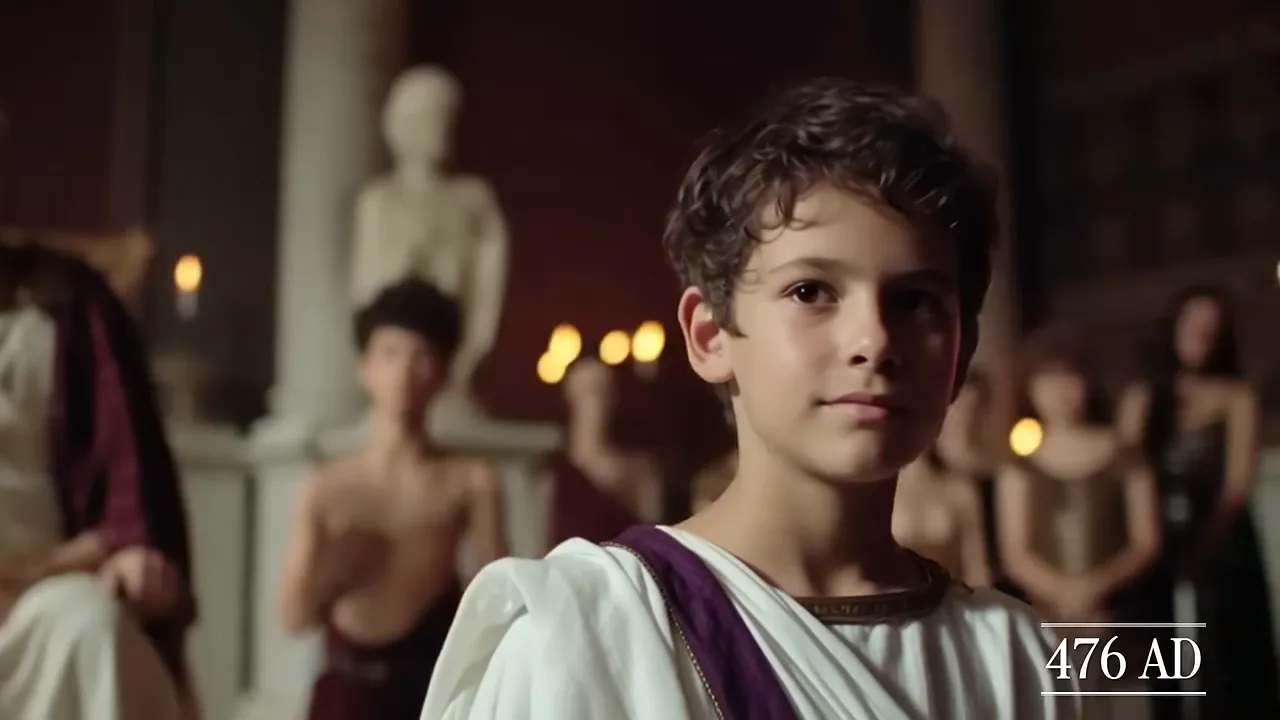 Young Roman emperor in white clothing inside a candlelit palace hall