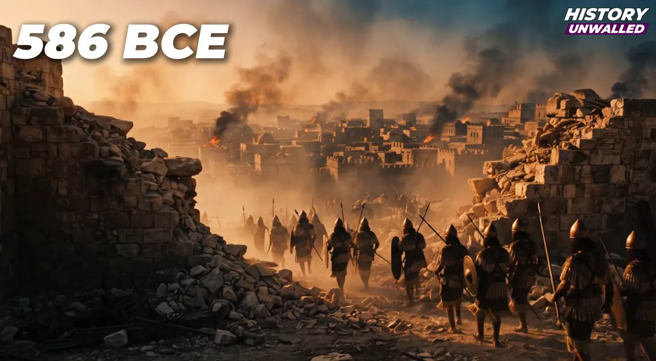 Babylonian soldiers advancing through a breached city wall with smoke behind them