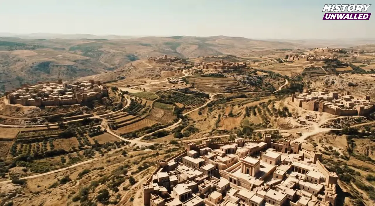 Aerial reconstruction of a fortified hilltop settlement surrounded by terraced fields