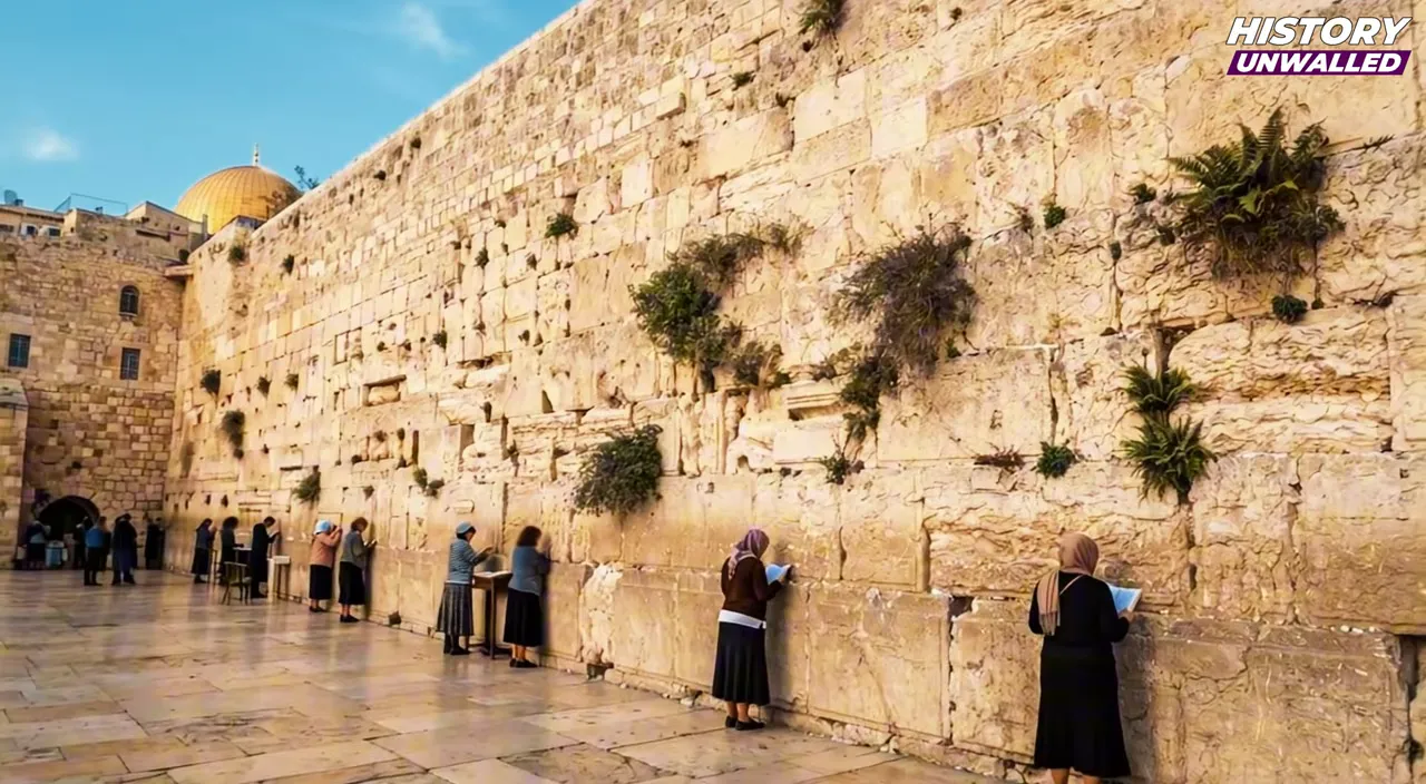 Large stone wall with people standing and praying at its base