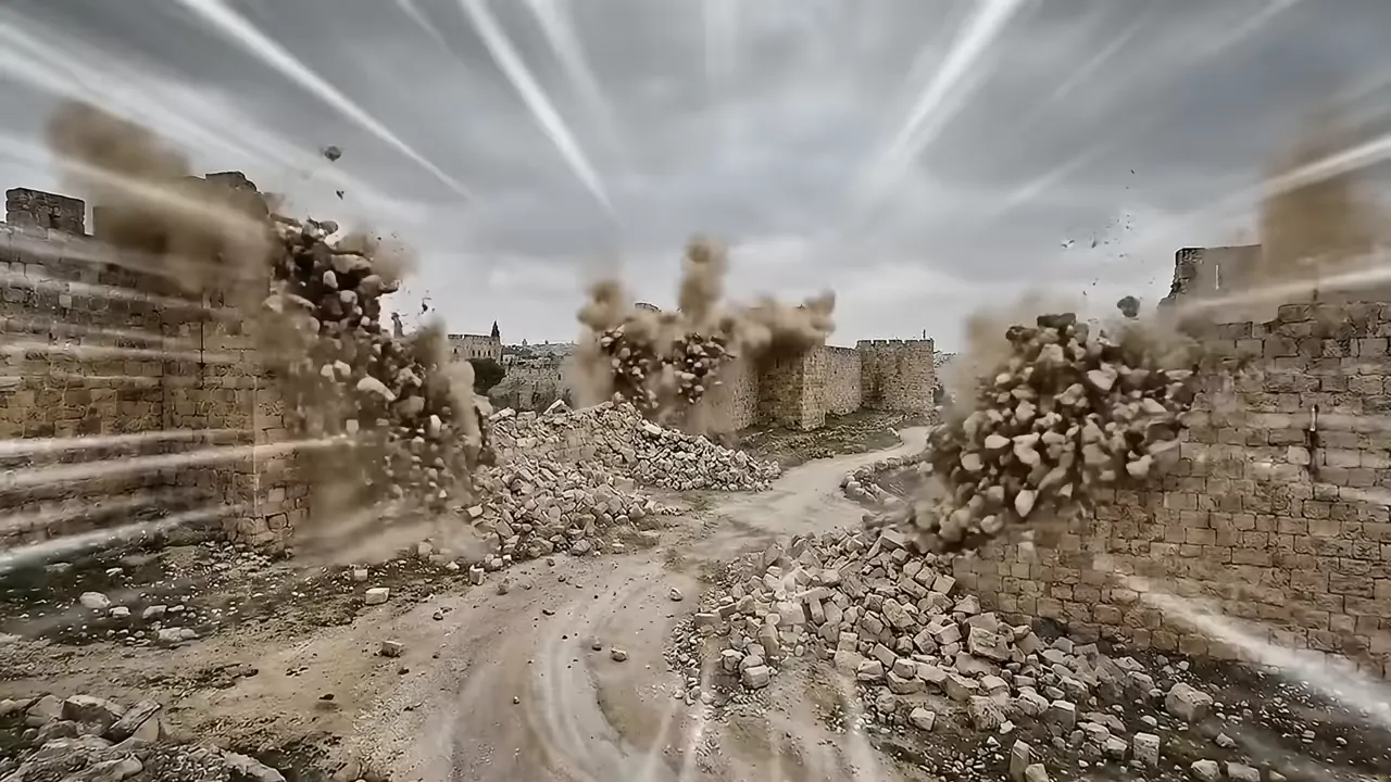 Stone walls collapsing in a cloud of dust amid ruined buildings