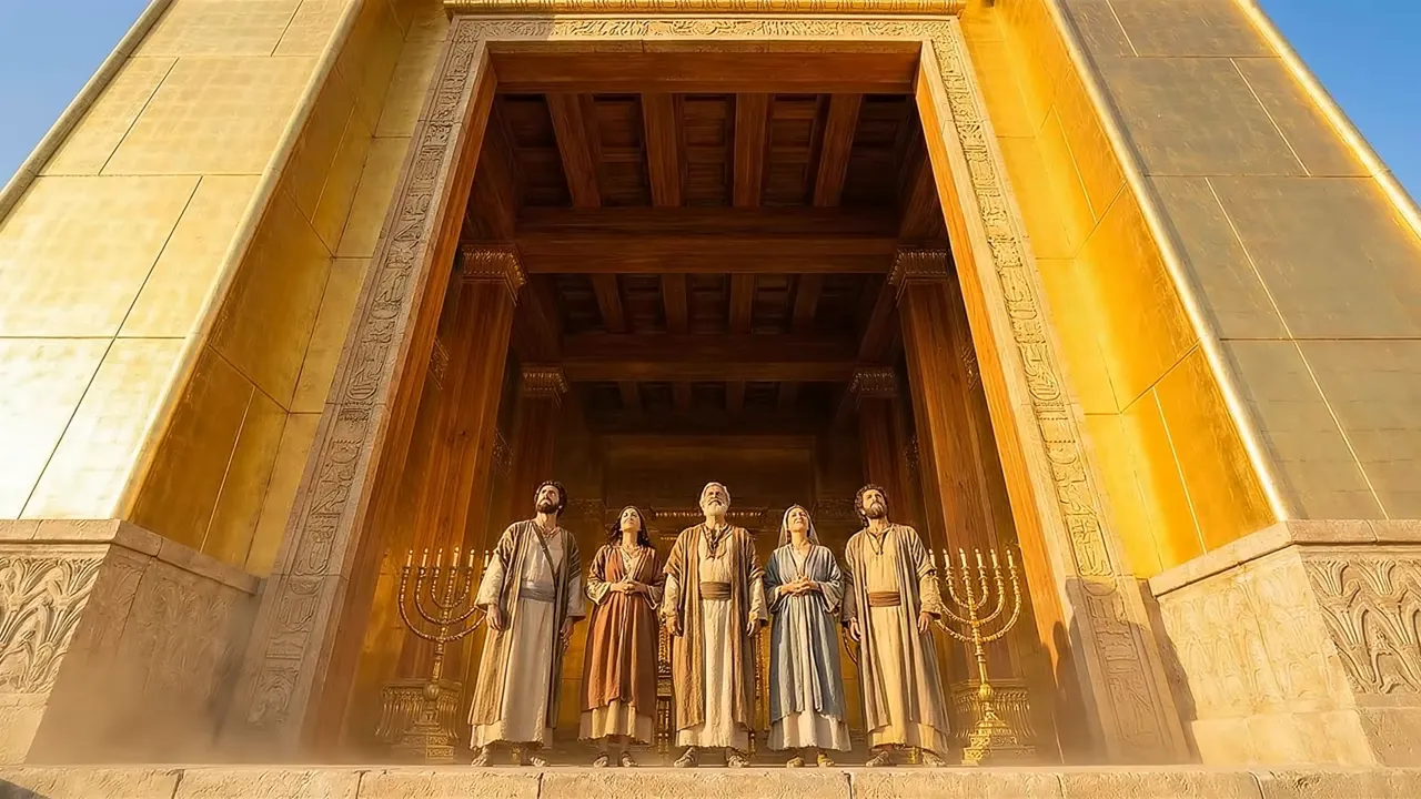 Priests standing at the entrance of a large golden temple